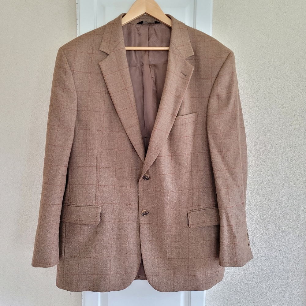 Jos. A. Bank Brown Windowpane 100% Wool 2-Button Single-Vent Sports Coat sz 44R